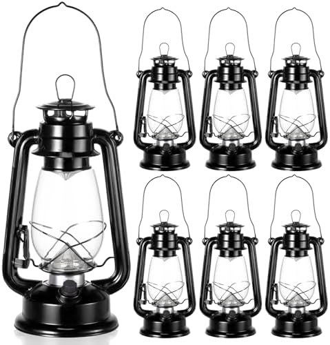 Hortsun 6 Pcs 12 Inch Vintage LED Hurricane Lantern Metal Black Outdoor Battery Operated Hanging Lantern with Warm LEDs and Dimmer Switch for Indoor Rustic Farmhouse Country Camping Decor by Hortsun