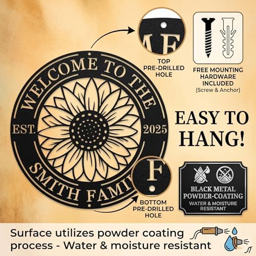 Personalized Sunflower Metal Welcome Sign - Custom Family Last Name Round Wall Decor -Custom Metal Wall Art - Housewarming Gift，Outdoor Garden Floral Front Door Plaque - Image 4