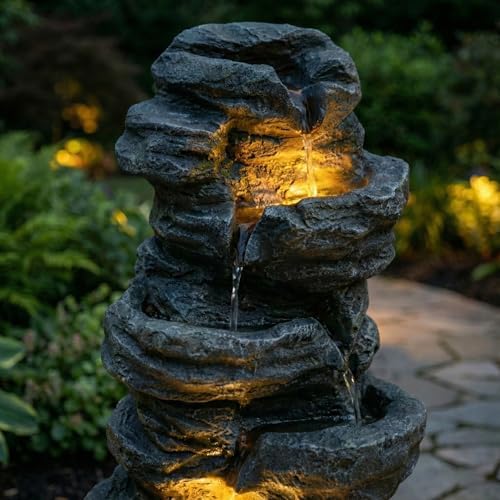 6-Tier Outdoor Cascading Stone Water Fountain, 35" H Freestanding LED Rock Waterfall with Natural Stone Appearance and Lights, Resin Water Feature for Garden Patio Yard Deck - Image 5