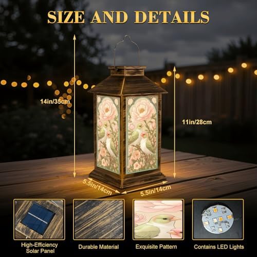 Solar Lantern Outdoor Garden Hanging Lantern Pastel Lovebirds Perched Spring Pink Peonies Elegant Botanical Waterproof Solar Powered Lighting Outside Table Lamp for Patio Deck Yard Camping - Image 2