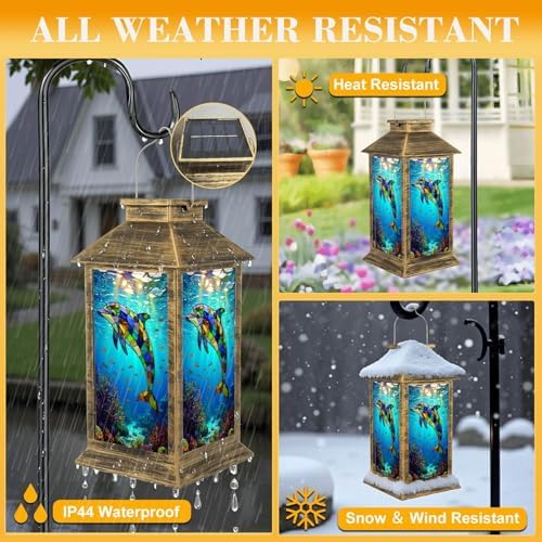 Solar Lantern Outdoor Waterproof Colorful Stained Glass Dolphin Swimming Vibrant Underwater Scene Garden Decor LED Hanging Solar Lights Tabletop Lamp Gifts for Women Mom Outside Yard Patio Porch - Image 3