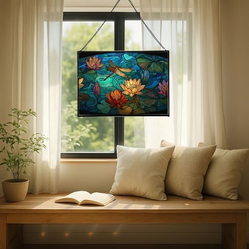 Dragonfly Over Water Lilies Rectangular Stained Glass Suncatcher – Hanging Window Panel with Animal & Nature Scene – Vibrant Glass Art Gift for Wildlife, Fantasy, Nature Lovers pCgY2X - Image 7