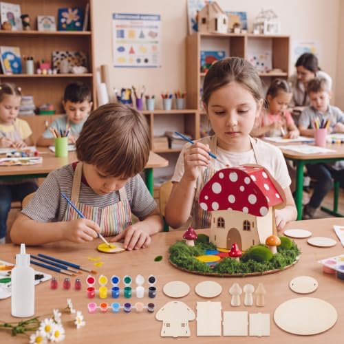 Kathfly 8 Sets Wooden Fairy House DIY Craft Kit for Kids with Paints & Decorations,Unpainted Miniature Garden Accessories for Home Event Party Decorations, Arts Birthday Party Favor (Mushroom Houses) - Image 4