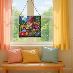 Gnome and Snail Friends Stained Glass Suncatcher – Square Hanging Window Panel for Home or Greenhouse – Whimsical Glass Art Gift for Garden Lovers, Christmas, Halloween, Father Days MKtJDN - Image 5