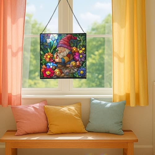 Gnome and Snail Friends Stained Glass Suncatcher – Square Hanging Window Panel for Home or Greenhouse – Whimsical Glass Art Gift for Garden Lovers, Christmas, Halloween, Father Days MKtJDN - Image 5