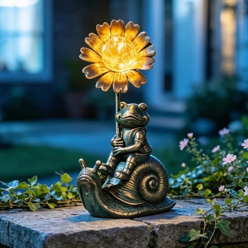 Solar Powered Frog on Snail Sculpture with Iron Flower & Glass Ball, Outdoor Garden Accent - Image 5