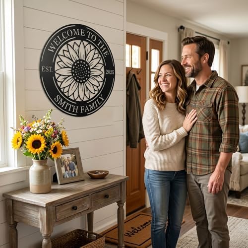 Personalized Sunflower Metal Welcome Sign - Custom Family Last Name Round Wall Decor -Custom Metal Wall Art - Housewarming Gift，Outdoor Garden Floral Front Door Plaque - Image 2