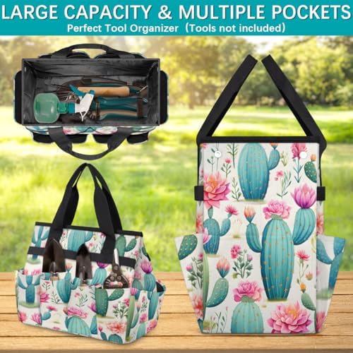 Cactus Garden Tool Bag Organizer Heavy Duty Watercolor Cacti Flower Gardening Tote Bag with 10 Pockets for Women Men Gardening Gifts - Image 4