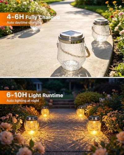6 Pack Solar Powered Cracked Glass Jar Lights Outdoor Hanging LED Lantern - Image 2