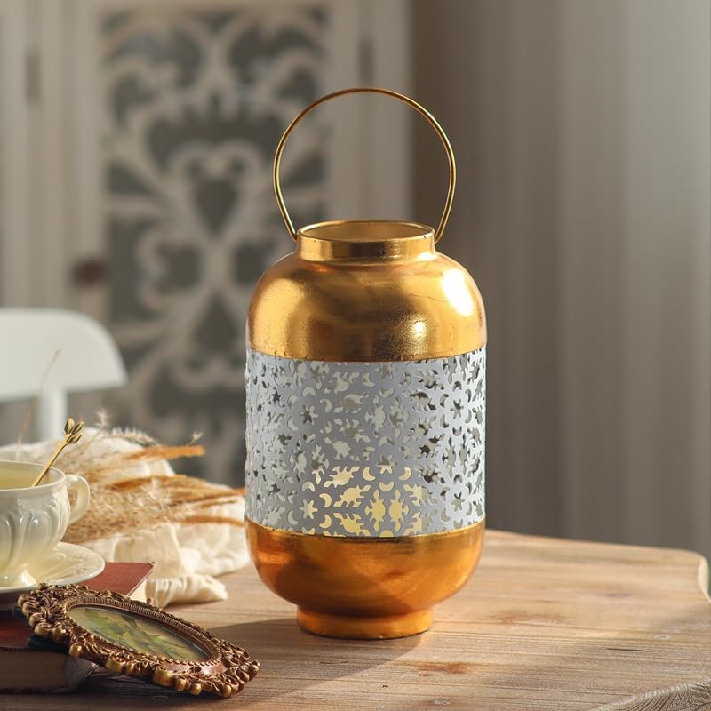 Moroccan Style Gold Metal Candle Lantern with Handle - Image 5