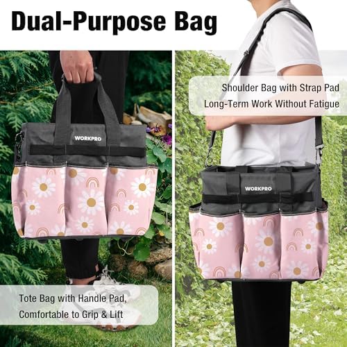 WORKPRO Garden Tool Bag, 10 Pockets and Shoulder Strap, Floral Pink - Image 6