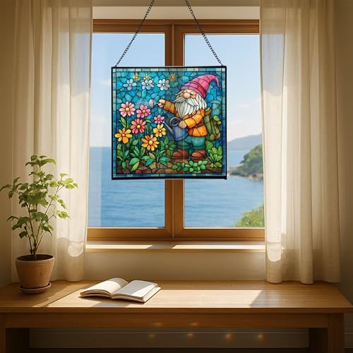 Gnome with Watering Pot Stained Glass Suncatcher – Square Hanging Window Panel for Home or Greenhouse – Whimsical Glass Art Gift for Garden Lovers, Christmas, Halloween, Father Days kgoPbt - Image 6