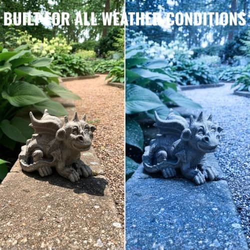 OLOMA Smiling Little Dragon Concrete Statue Outdoor Mythical Creature Outdoor Decor Fantasy Drake Figurine Handcrafted Sculpture Stone Gargoyle Ornament Weather Proof Accent Fantasy Gift - Image 4