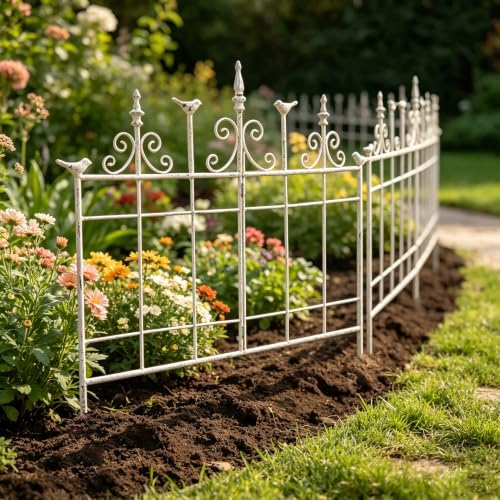Vintage Distressed White Metal Garden Fence Panels, 25.6" W x 23.2" H Rustic Cast Iron Picket Fence, Outdoor Landscape Edging Yard Stakes for Flower Bed & Lawn Border - Image 3