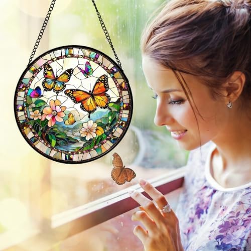 Butterflies and Flowers Stained Glass Window Hanging Suncatcher Gifts 12" - Image 5