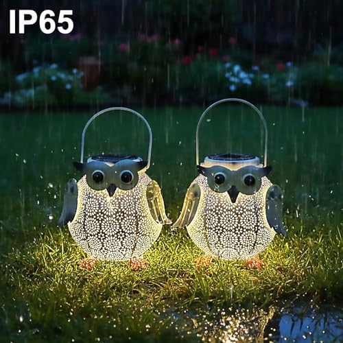 2 Pack Hanging Solar Lanterns - Garden Light Waterproof Metal Decorative Solar Lantern Lights Outdoor for Patio Yard Table Pathway (White owl 2pk) - Image 4