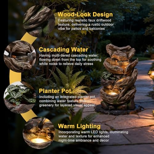 25.2" H 4-Tier Outdoor Water Fountain with LED Lights and Planter Pot, Cascading Wood-Look & Moss Waterfall Floor Fountain for Garden, Patio, Yard, Porch, Deck, Outdoor & Indoor Decor - Image 3