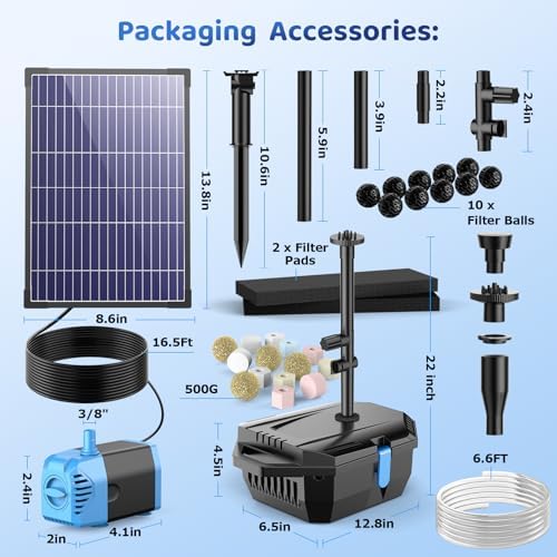 Antfraer 12W Solar Fountain Pump & Pond Filter Kit – Integrated Filtration System with 4 Nozzles, 6.6FT PVC Tubing Pond Filter for Outdoor Ponds, Gardens, Waterfalls, Fountains - Image 2