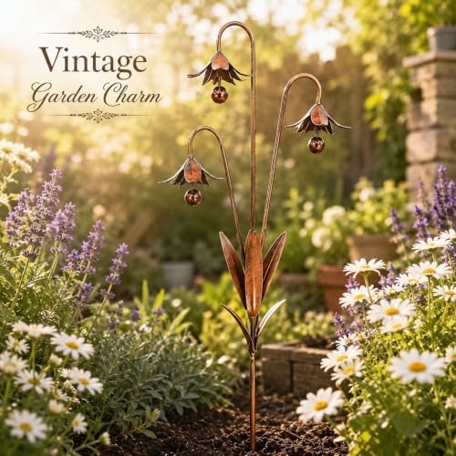 Metal Bluebell Garden Stake with Bells, Triple Flower Wind Chime Outdoor Yard Art, Decorative Stake for Patio Lawn Pathway Flower Bed Planter, Rustic Decor 2pcs - Image 3