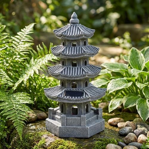 11.4" Grey Solar Lit Pagoda Garden Statue, Patio Zen Gen Decor by Unknown
