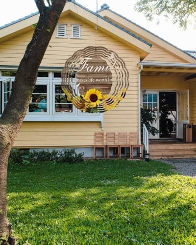 Yellow Sunflowers Wind Spinners Outdoor Family Brown Wood Striped Countryside 3D Stainless Steel Wind Spinner for Yard Kinetic Sculpture Hanging Spinning Ornament for Garden Patio Porch 12 Inch - Image 3