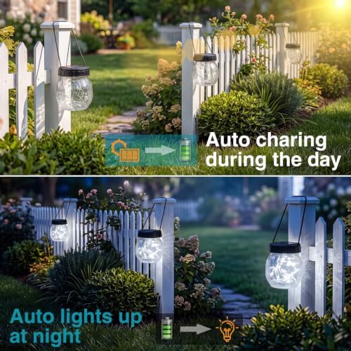 Kolpop Solar Lanterns Outdoor Waterproof 12 Pack, Hanging Solar Lights with 28 LED, Cracked Glass Hanging Globes for Garden Patio Fence Yard Christmas Tree Decoration, Cold White - Image 2