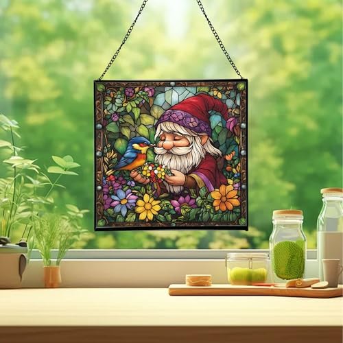 Gnome Making Flower Crowns Stained Glass Suncatcher – Square Hanging Window Panel for Home or Greenhouse – Whimsical Glass Art Gift for Garden Lovers, Christmas, Halloween, Father Days 4xTfjK - Image 2