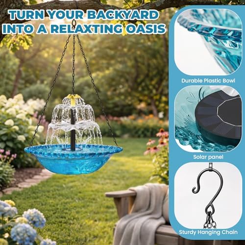 Solar Bird Bath Fountain, Hanging Bird Bath with Solar Powered Water Fountain, Outdoor Bird Bath Bowl with Chain Hook, Garden Patio Balcony Decor, Attract Birds & Keep Water Fresh (Blue) - Image 2