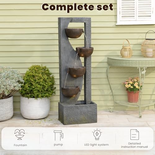 5-Tier Cascading Outdoor Fountain with LED Lights, 49.2" Tall Resin Waterfall Fountain for Garden, Patio, Backyard - Freestanding Water Feature - Image 5
