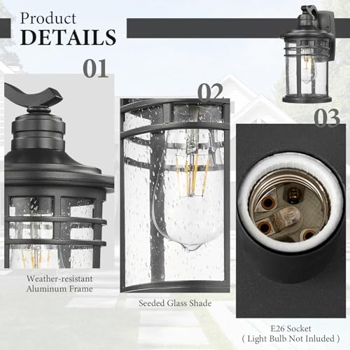Darkaway Outdoor Porch Lights Wall Mount, Outdoor Light Fixtures Sconces Wall Lighting with Seeded Glass Waterproof Exterior Lights for Patio Yard House Hallway Doorway Garage(1 Pack, Black) - Image 3