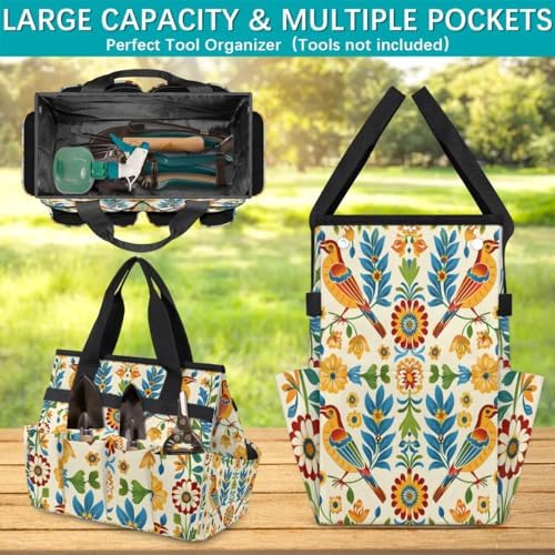 Mexican Style Talavera Garden Tool Bag, Garden Tote Storage Bag with 10 Pockets, Indoor and Outdoor Bird Flower Gardening Tool Organizer for Women Men - Image 4