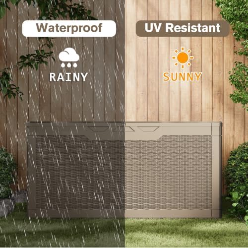 JUMMICO 100 Gallon Resin Deck Box, Waterproof Outdoor Storage Box with Lockable Lid for Garden Tools, Patio Cushions (Light Brown) - Image 6