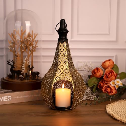 11.6in Moroccan Style Temple Lantern Ramadan Lamp Hanging Metal Candle Holders Decorative Festival Outdoor Patio or Porch Indoor Home Decor Gift Gold - Image 6