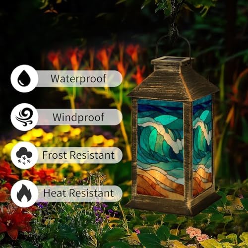 Solar Lantern Intricate Stained Glass Window Beach Waves Sunset Amber Glow Outdoor Waterproof Garden Hanging Lantern Solar Powered Lighting Outside Table Lamp for Patio Deck Camping 1 Pack - Image 2
