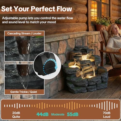 HOMEDIARY 4-Tier Outdoor Water Fountain, 29.7" L Rustic Rock Waterfall Fountain with LED Lights, Stone Texture Floor-Standing Resin Water Feature with Realistic Moss Accents for Patio, Porch & Indoor - Image 4