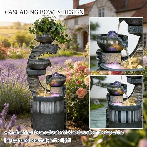 26.8" Tall Water Fountain Outdoor Garden, 4 Tiers Modern Cascading Bowls Water Fountain Outdoor Indoor Garden with LED Lights & Atomizer for Patio, Deck, Porch, Backyard Art Decor,A - Image 3
