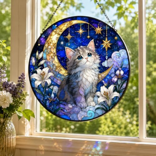 Custom Stained Glass Cat Suncatcher, Cat Window Hanging Ornament, Personalzied Pet Portrait Glass Art Decor Sun Catcher for Cat Lovers Cats Mom Birthday Pet Sympathy Gifts for Pet Owner 11.81" - Image 5