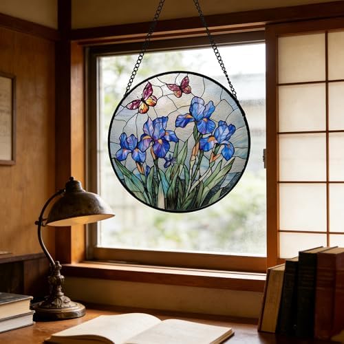 Purple Iris Butterfly Stained Glass Window Hanging Suncatcher Gifts 15" - Image 5