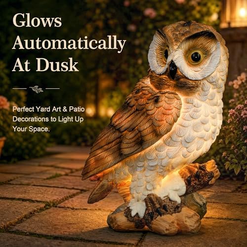 Large Solar Owl Garden Outdoor Statue, IP65 Waterproof Resin Owl Figurines with Built-in LED Lights, Fake Owl Figurine Decorations for Yard Patio Lawn, Housewarming Gifts for Women Mom, Brown - Image 2