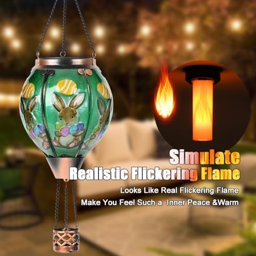 Easter Hot Air Balloon Solar Lantern - Bunny Stained Glass Lantern, Simulated Flickering & Dancing Flame, Outdoor Hanging Yard Light Waterproof IP65 for Patio Lawn Porch Decor Rabbit Gift - Image 2