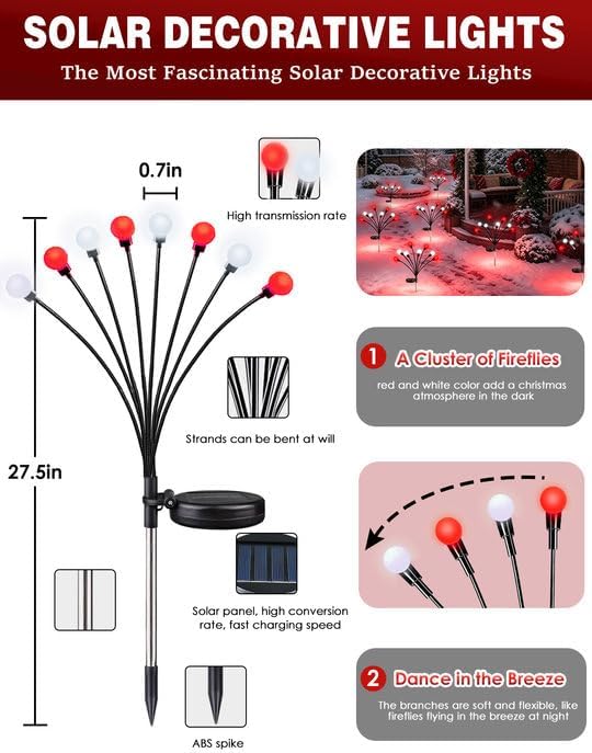Christmas Decorations Outdoor Solar Firefly Lights 8 Pack Red and White - Image 5