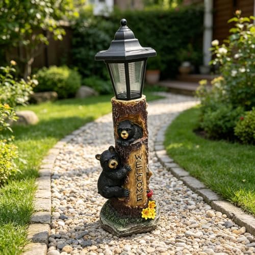 Solar Bear Garden Statue with Welcome Sign, 19" Resin Bear Family in Tree Trunk, Outdoor Solar Light Wildlife Lawn Ornament for Yard, Patio, Porch, Cabin & Front Door Decor - Image 3