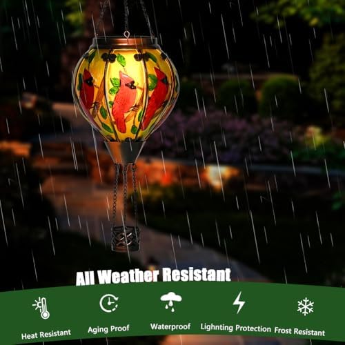 Hot Air Balloon Solar Lantern - Cardinal Bird Glass Lantern, Simulated Flickering & Dancing Flame, Outdoor Hanging Yard Light Waterproof IP65 for Patio Lawn Porch Decor Gift - Image 4
