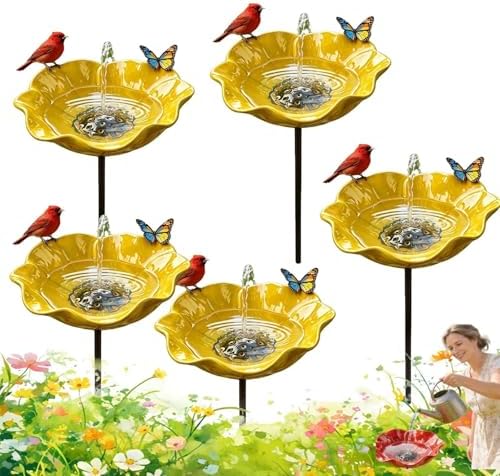 Flower Garden Stake Metal Bird Bath with Bee Watering Station, 3 in 1 Handmade Pollinator Feeder for Outdoor Yard Decor(Yellow,3) by Unknown