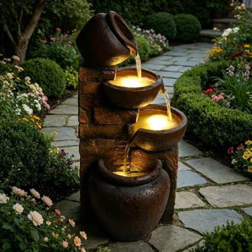 25.6" Outdoor Water Fountain, 4 Tier Cascading Pot Freestanding Water Fountain, Outdoor Fountain with LED Lights, Garden Water Feature, Suitable for Patio Yard Porch Landscape, Brown by FammyLoft
