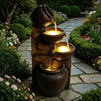 25.6" Outdoor Water Fountain, 4 Tier Cascading Pot Freestanding Water Fountain, Outdoor Fountain with LED Lights, Garden Water Feature, Suitable for Patio Yard Porch Landscape, Brown by FammyLoft