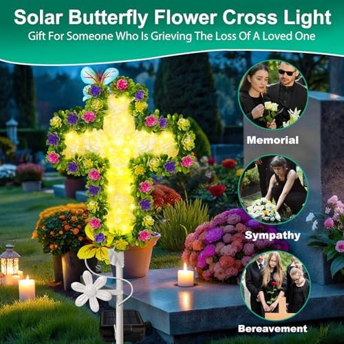 2Pack Solar Flower Cross Garden Stake Light,Grave Decorations for Cemetery - Image 3