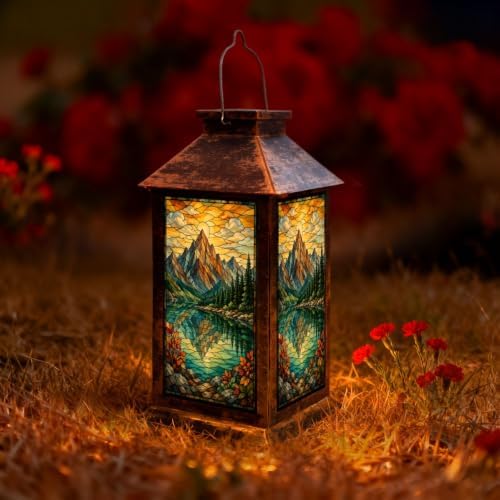 Solar Lantern Stained Glass Landscape Outdoor Waterproof Garden Hanging Lantern Solar Powered Lighting Outside Solar Light for Patio Yard Camping, Gifts for Women Mom by Unknown