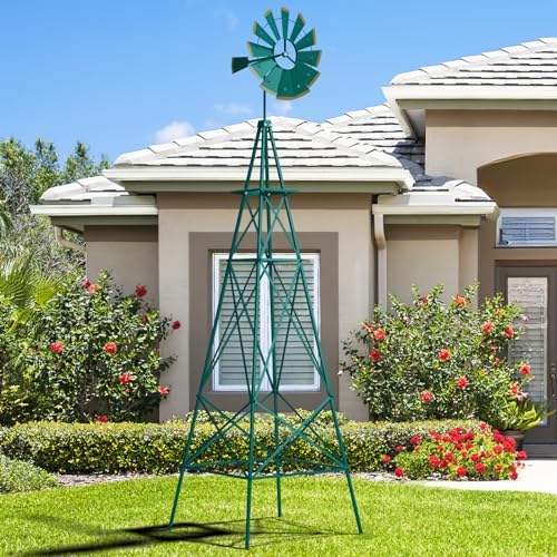 Goplus 8 ft Ornamental Windmill, All-Weather Metal Wind Mill w/ 4 Support Legs, Decorative Weathervane for Backyard, Garden, Farm, 4 Ground Stakes Included (8ft-Green) - Image 2