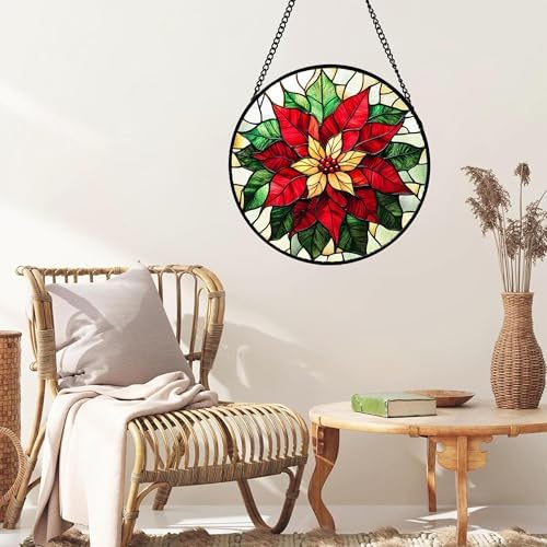 Red Poinsettia Stained Glass Window Hanging Suncatcher Gifts for Women 9.8" - Image 5